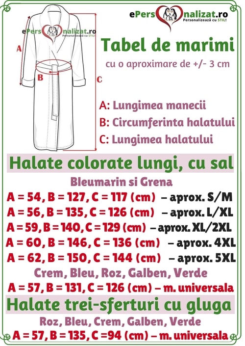 Ghid masuri halate de baie colorate lungi si trei sferturi cu gluga